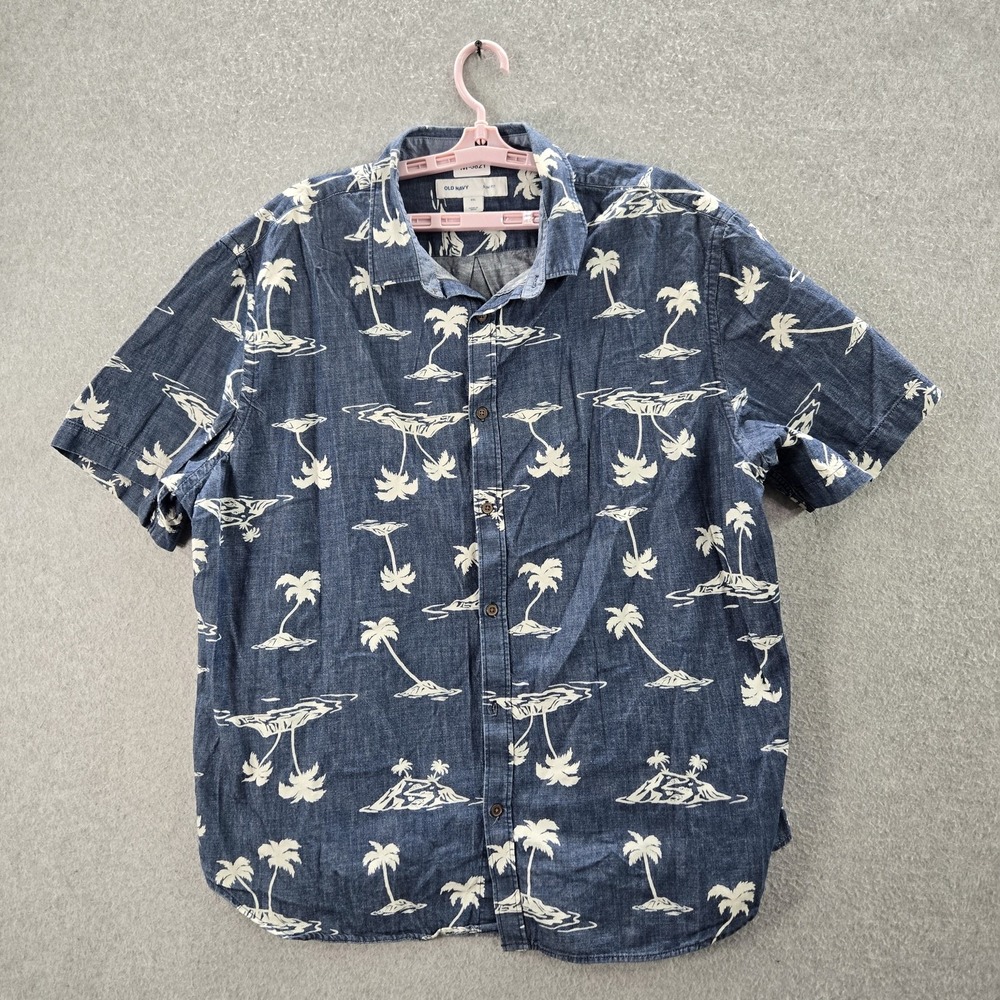 Old Navy Men Button Up Shirt 2XL Blue Floral Palm Trees Island Hawaiian Slim Fit
